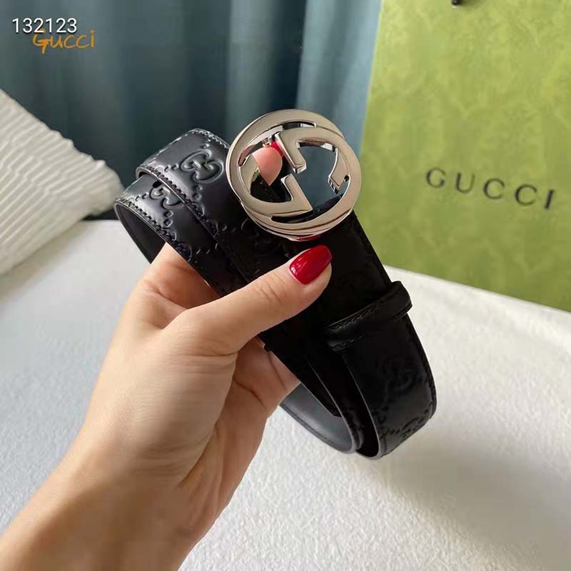 G*u*i unisex gg signature leather belt interlocking g buckle silver hardware 4 cm width