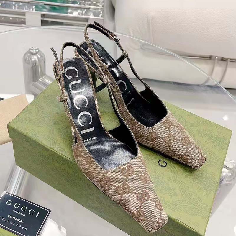 G*u*i women gg slingback pump beige ebony original gg canvas 8 cm heel