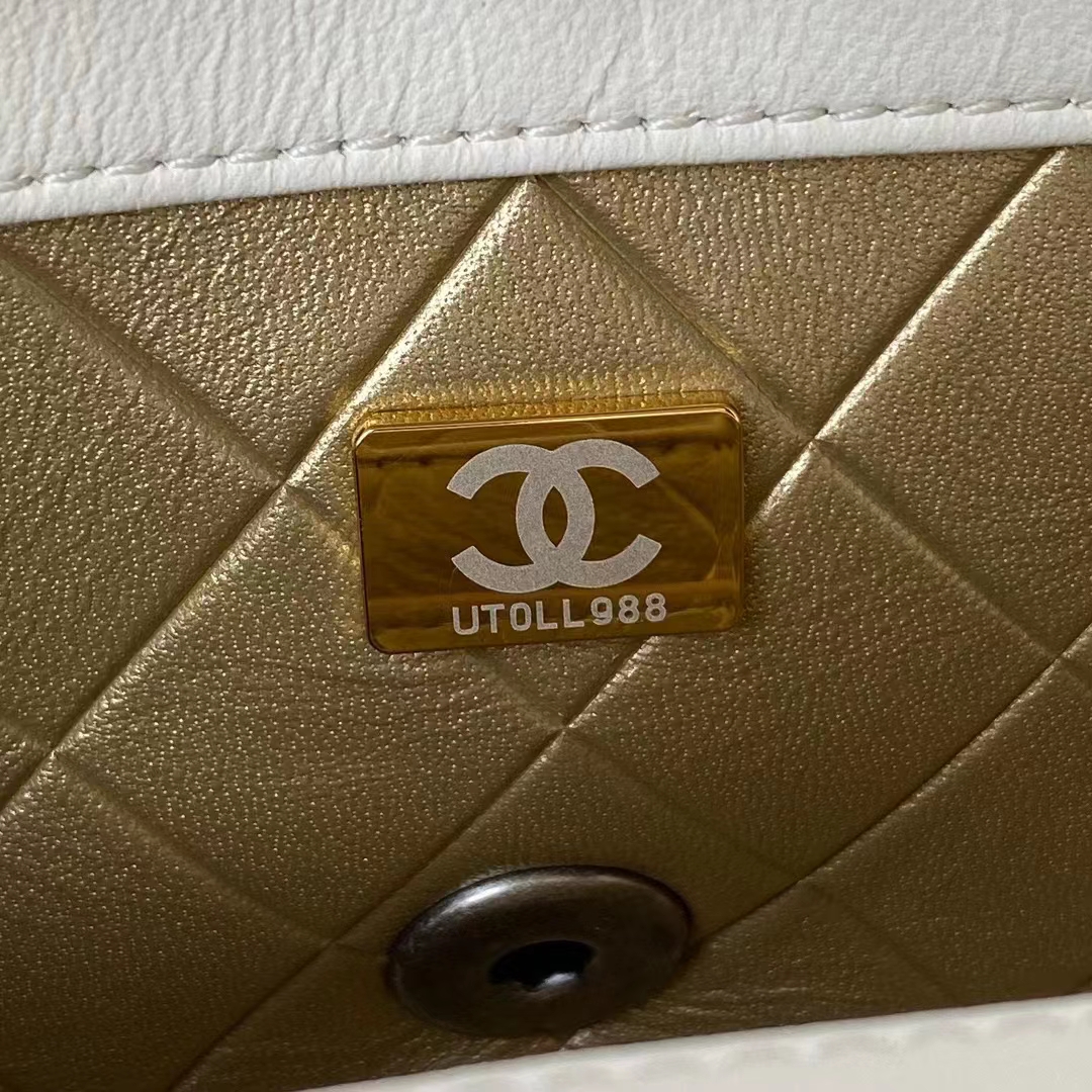 Chanel Women Mini Flap Bag Lambskin Glass Imitation Pearls Strass Gold Silver