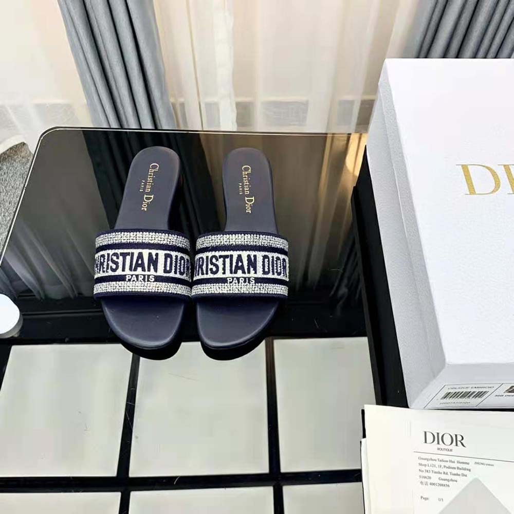 Dior Women Dway Slide Black Cotton Embroidery with Metallic Thread and Silver-Tone Strass