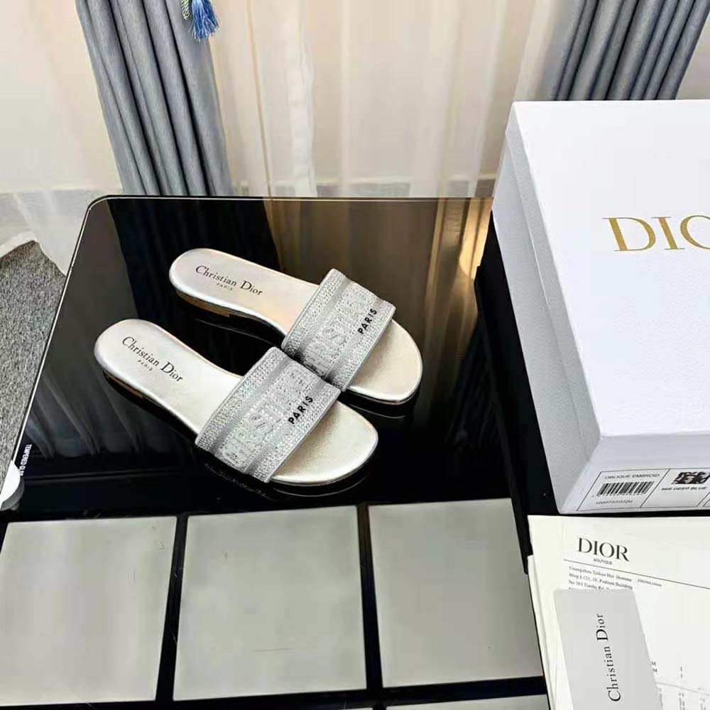 Dior Women Dway Slide Cotton Metallic Thread Embroidery and Silver-Tone Strass