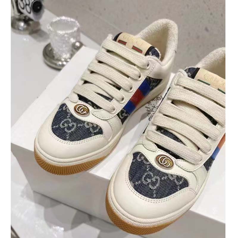 G*u*i unisex screener gg sneaker blue ivory web cream scrap less leather