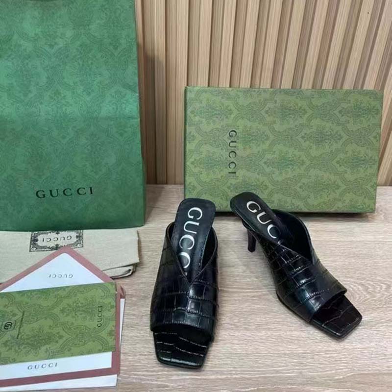 G*u*i women gg crocodile print pump black square toe mid heel