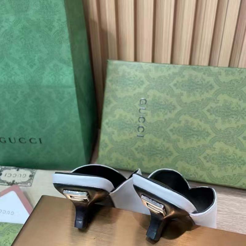 G*u*i women gg low heel sandal white leather square toe