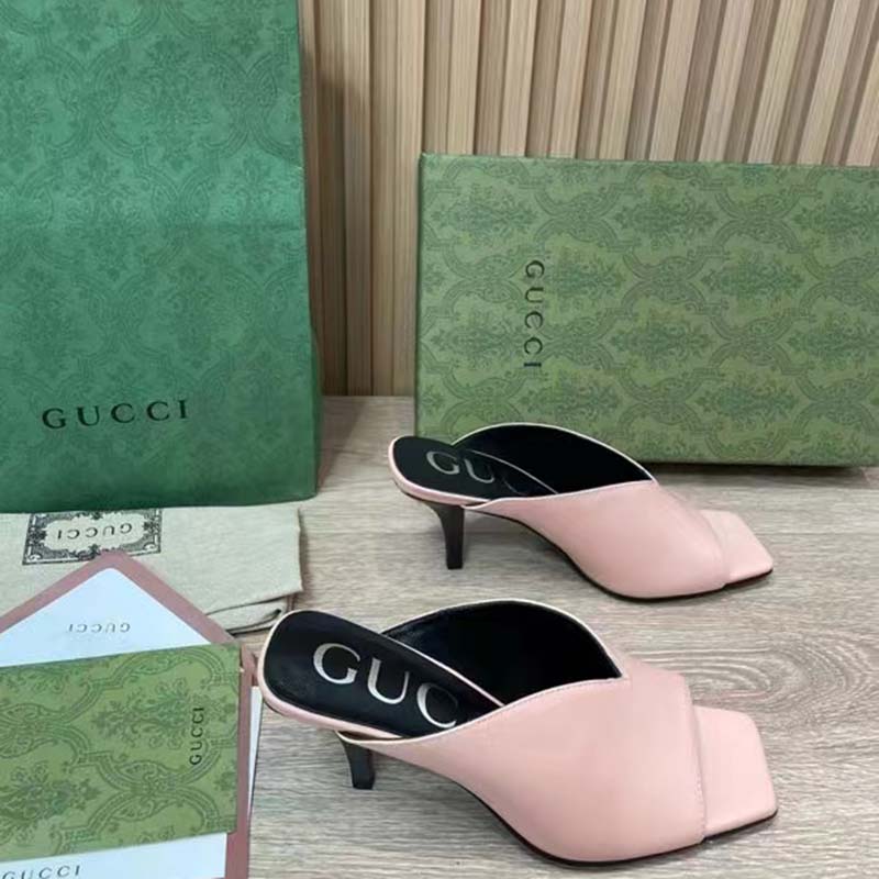 G*u*i women gg mid-heel open toe pump light pink leather square toe