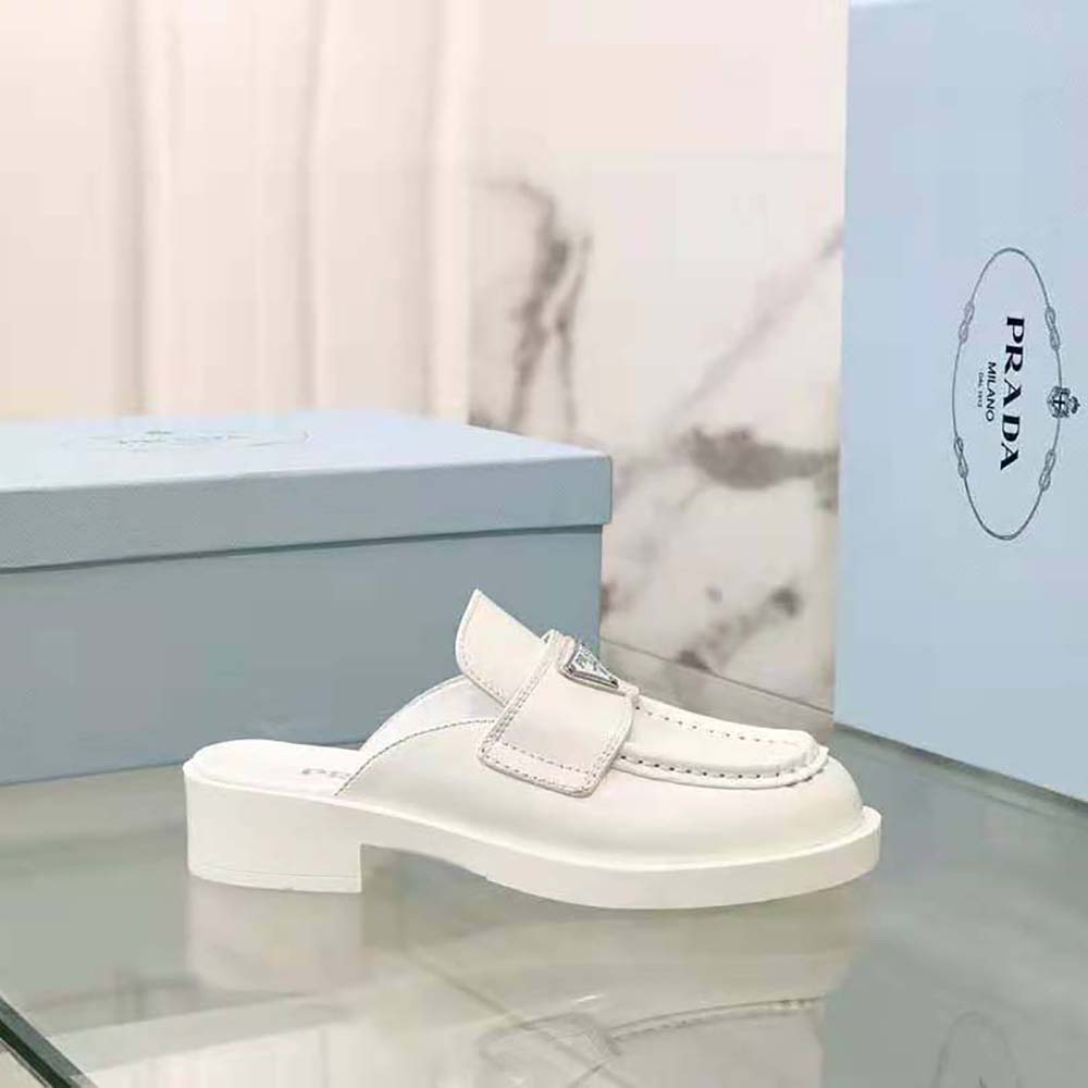 Prada Women Chocolate Brushed Leather Mules-White
