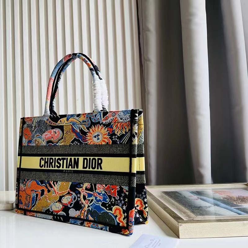 Dior Unisex CD Medium Book Tote Black Multicolor Dior Zodiac Fantastico Embroidery