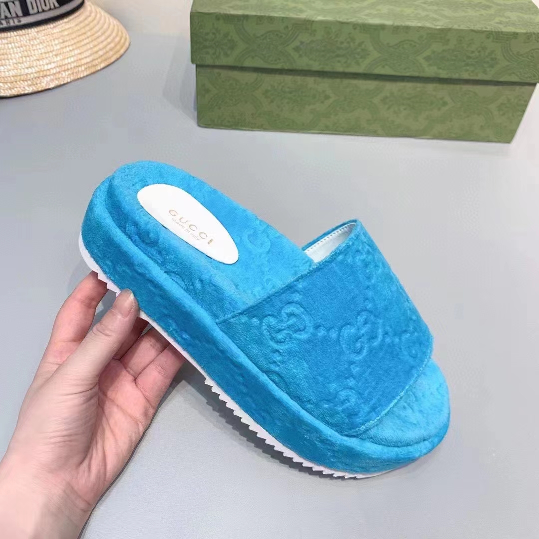G*u*i unisex gg platform sandals blue gg cotton sponge rubber sole 3 cm heel