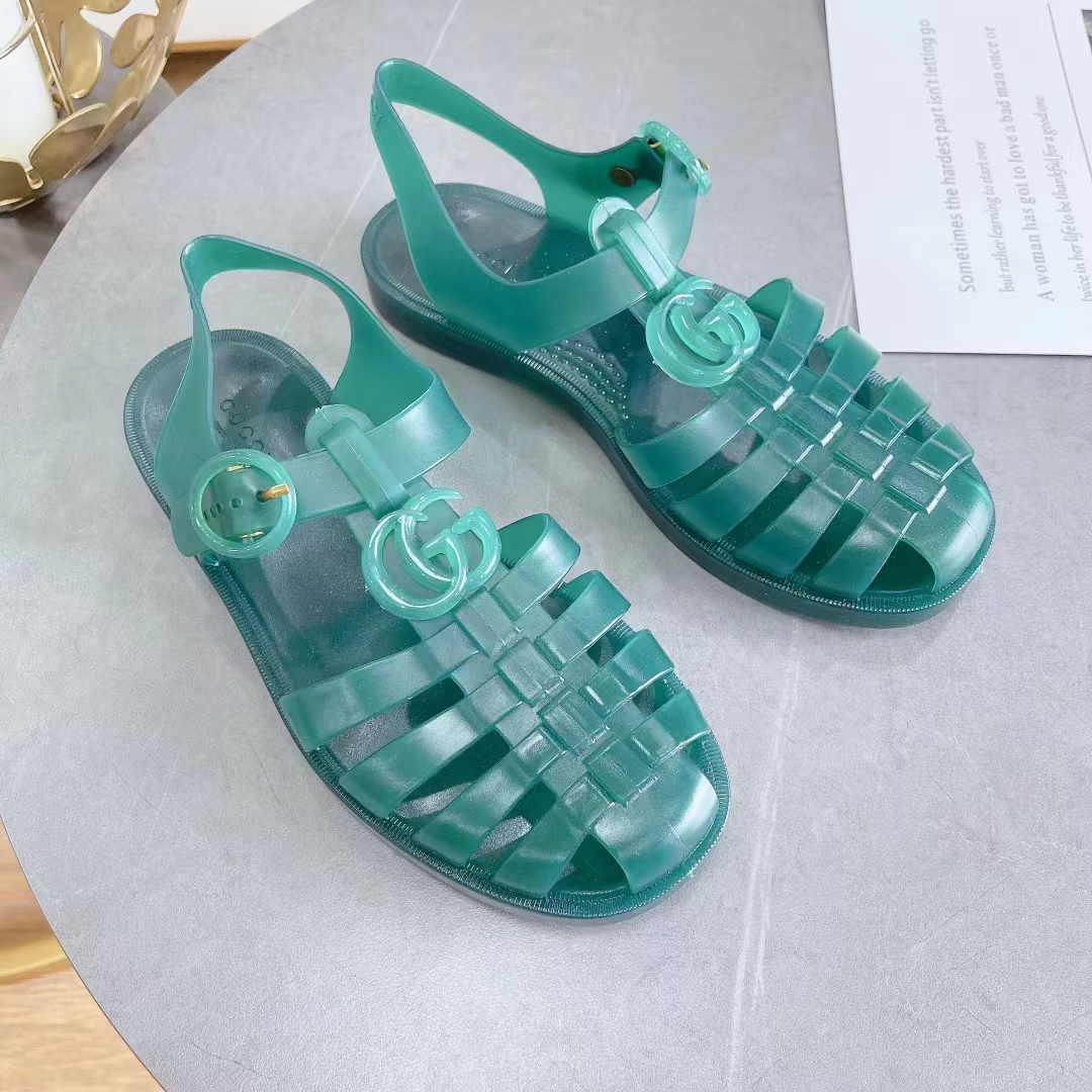 G*u*i unisex gg sandal double g transparent green rubber sole ankle buckle flat