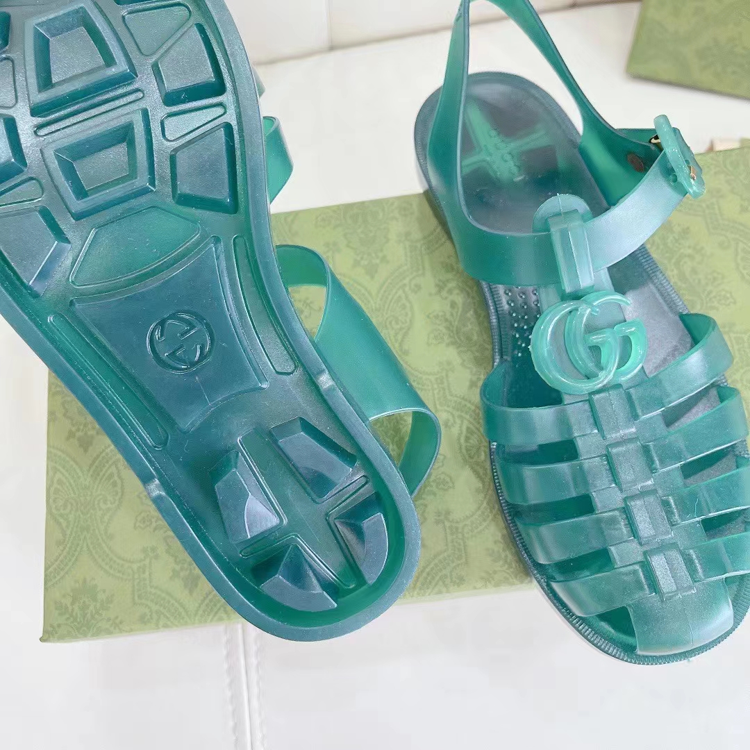 G*u*i unisex gg sandal double g transparent green rubber sole ankle buckle flat