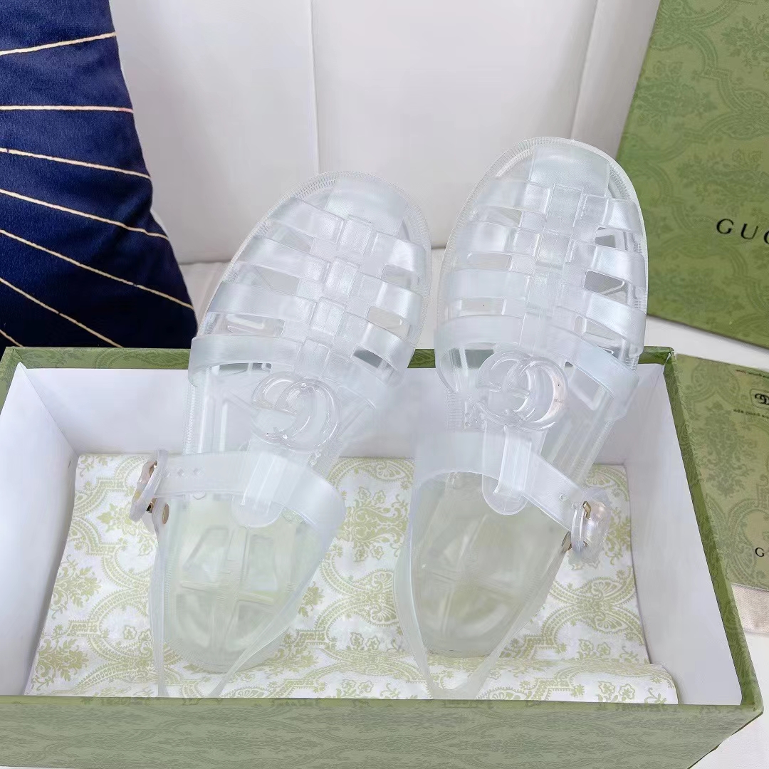 G*u*i unisex gg sandal double g transparent rubber sole ankle buckle closure flat