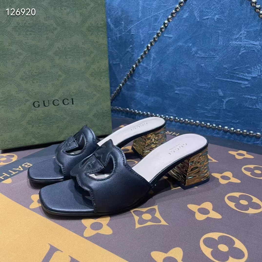 G*u*i women interlocking g cut-out sandal black leather mid-heel 5 cm heel