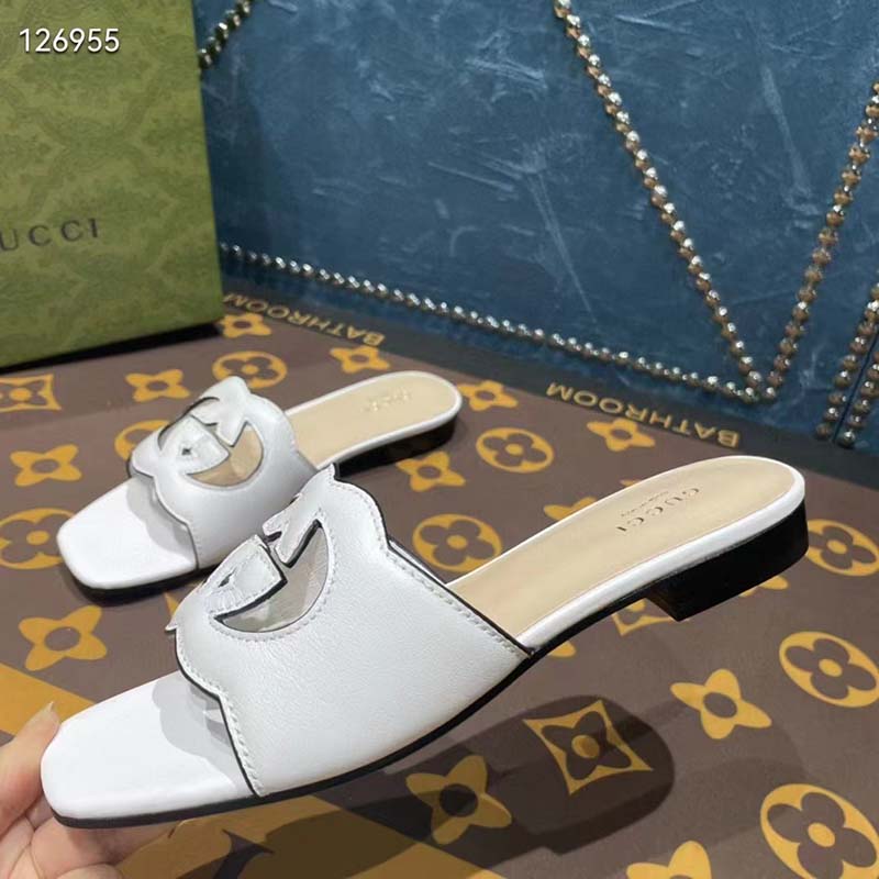 G*u*i unisex interlocking g cut-out slide sandals white leather flat 1 cm heel