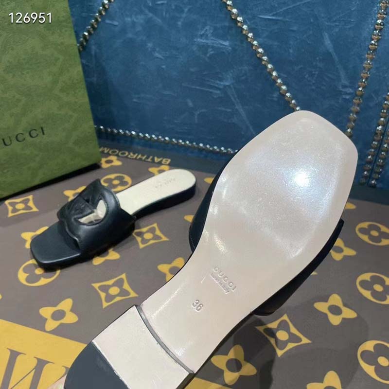 G*u*i unisex interlocking g slide sandals black leather cut-out flat