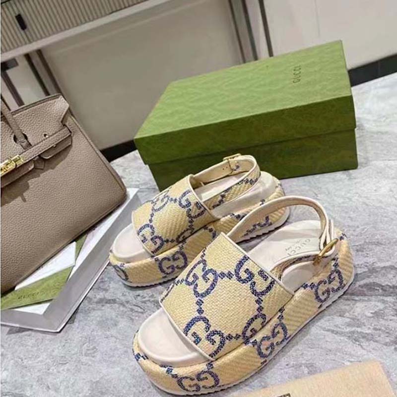 G*u*i women gg platform sandal beige light blue gg raffia effect fabric