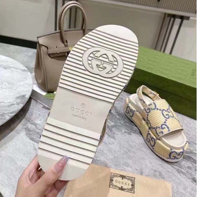 G*u*i women gg platform sandal beige light blue gg raffia effect fabric