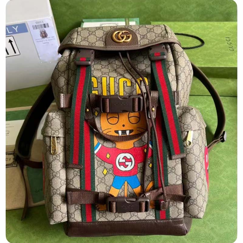 G*u*i unisex cat print skateboard backpack beige ebony gg supreme canvas
