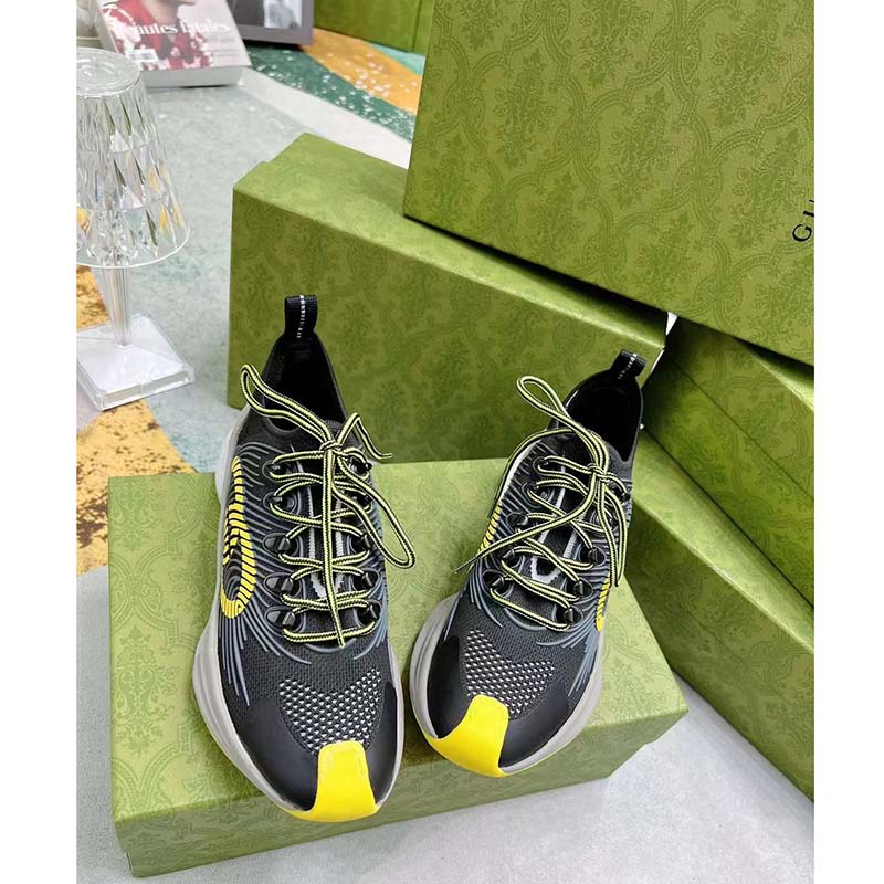 G*u*i unisex gg run sneaker black lime technical knit fabric rubber interlocking g