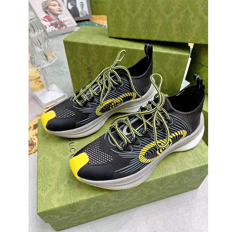 G*u*i unisex gg run sneaker black lime technical knit fabric rubber interlocking g