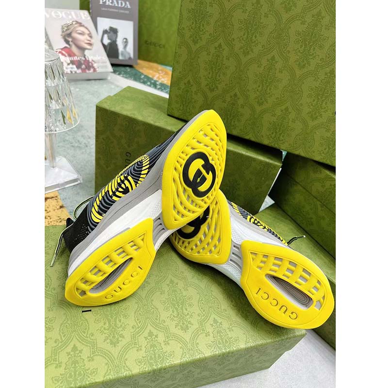 G*u*i unisex gg run sneaker black lime technical knit fabric rubber interlocking g