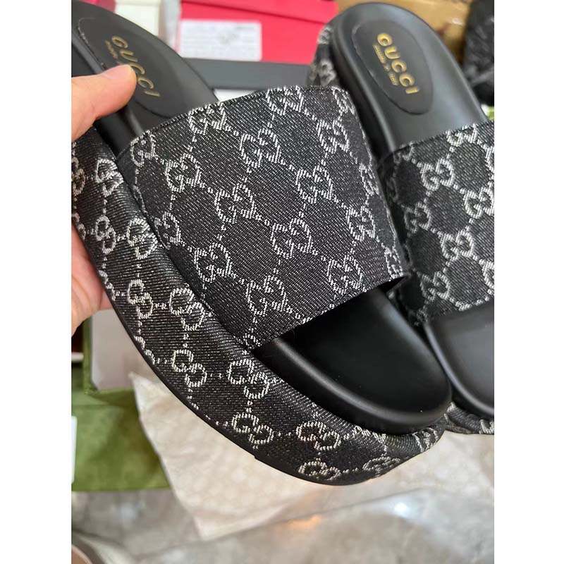 G*u*i unisex platform slide sandal black ivory gg denim mid 6 cm heel