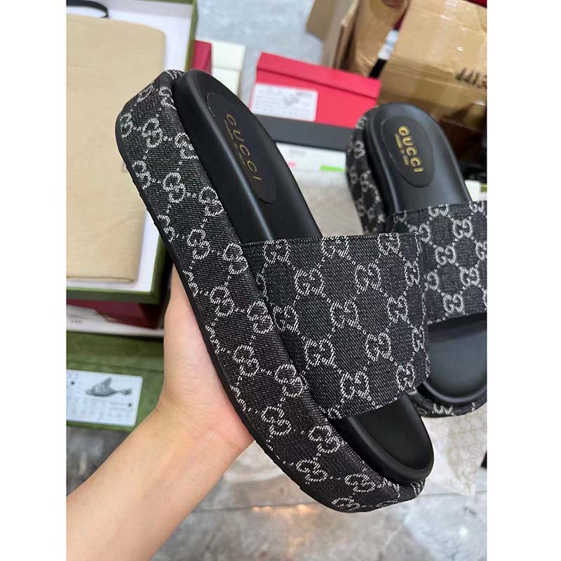 G*u*i unisex platform slide sandal black ivory gg denim mid 6 cm heel