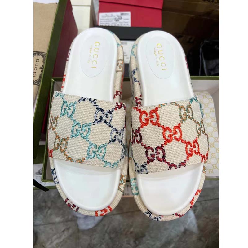 G*u*i unisex platform slide sandal multicolor gg linen fabric mid 6 cm heel