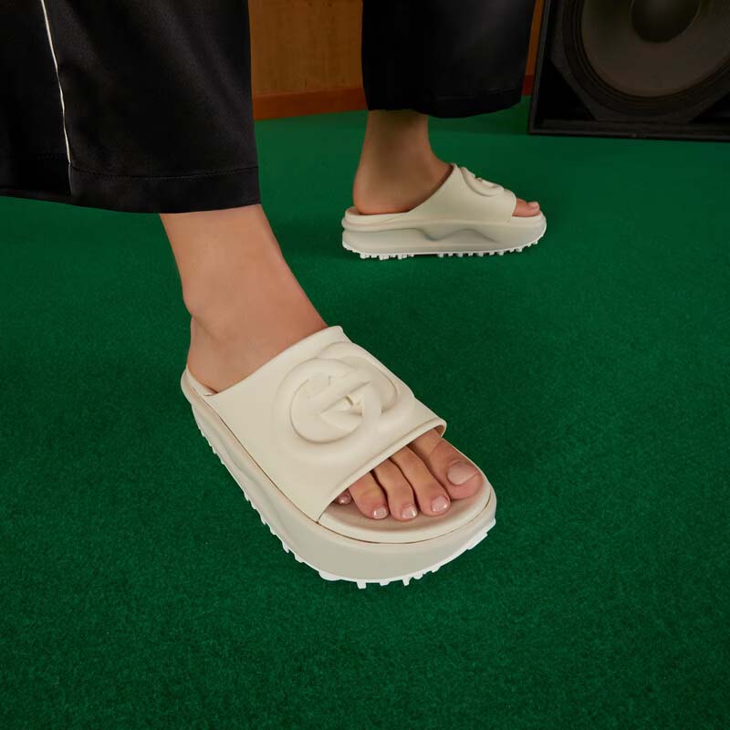 G*u*i women gg slide sandal interlocking g off white rubber low heel
