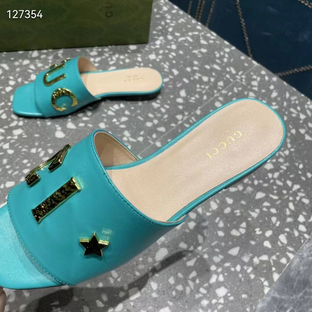 G*u*i women gg slide sandal turquoise leather textured logo star flat 1 cm heel