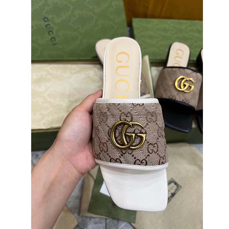 G*u*i women’s gg matelassé canvas slide sandal double g square toe leather flat
