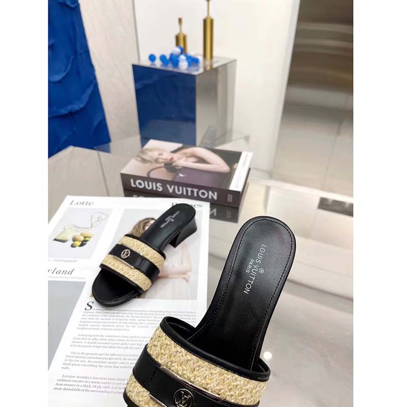Louis Vuitton LV Women Lock It Mule Black Raffia Calf Leather Circle 3.5 cm Heel