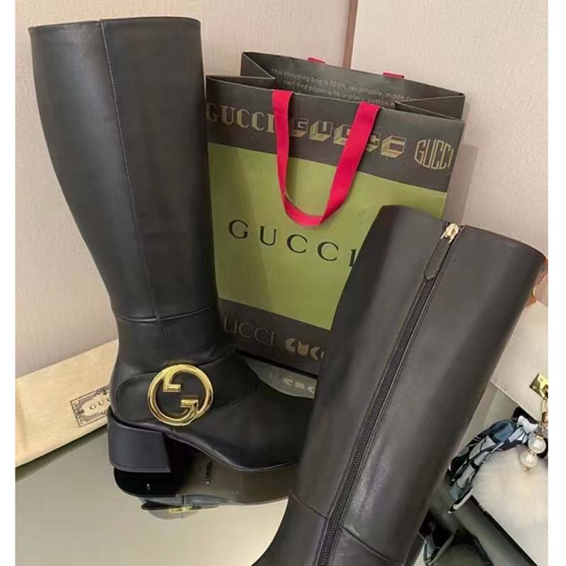 G*u*i blondie women’s blondie boot black leather round interlocking g low 5 cm heel