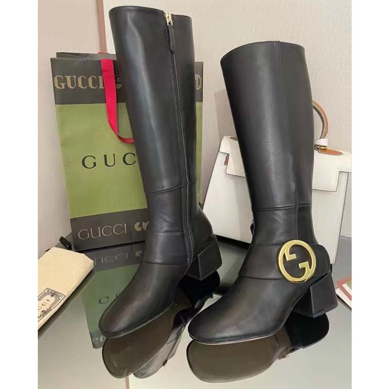 G*u*i blondie women’s blondie boot black leather round interlocking g low 5 cm heel