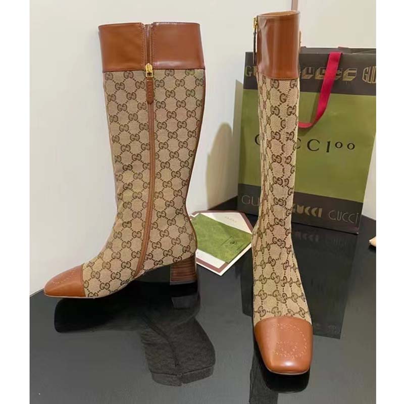G*u*i blondie women’s gg knee-high boot beige ebony canvas cuir leather low 5 cm heel