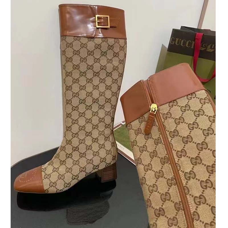 G*u*i blondie women’s gg knee-high boot beige ebony canvas cuir leather low 5 cm heel