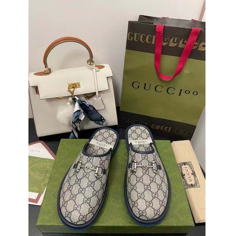 G*u*i unisex slipper blue beige gg supreme canvas rubber sole low 1 cm heel