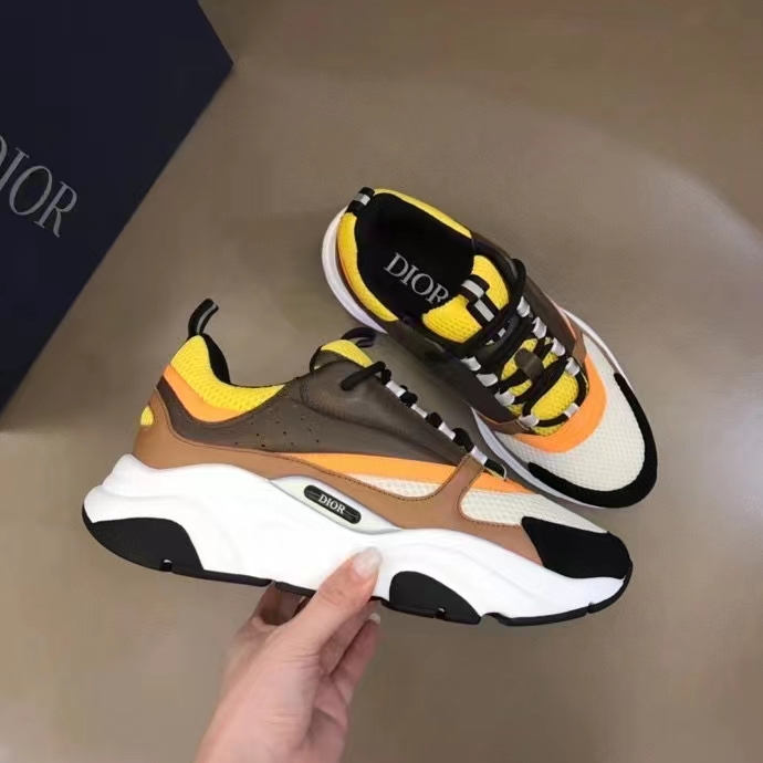 Dior Unisex Shoes CD B22 Sneaker Yellow White Technical Mesh Ebony Camel Smooth Calfskin
