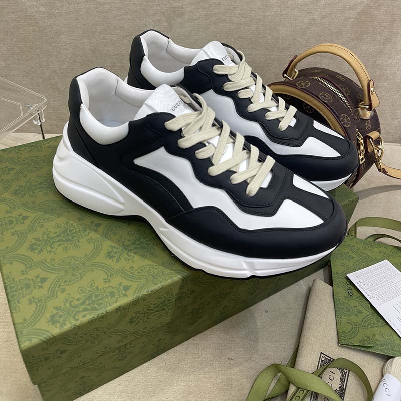 G*u*i unisex gg rhyton sneaker black white leather rubber sole 5 cm low heel