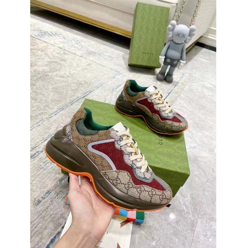G*u*i unisex rhyton sneaker beige brick red gg supreme canvas low heel