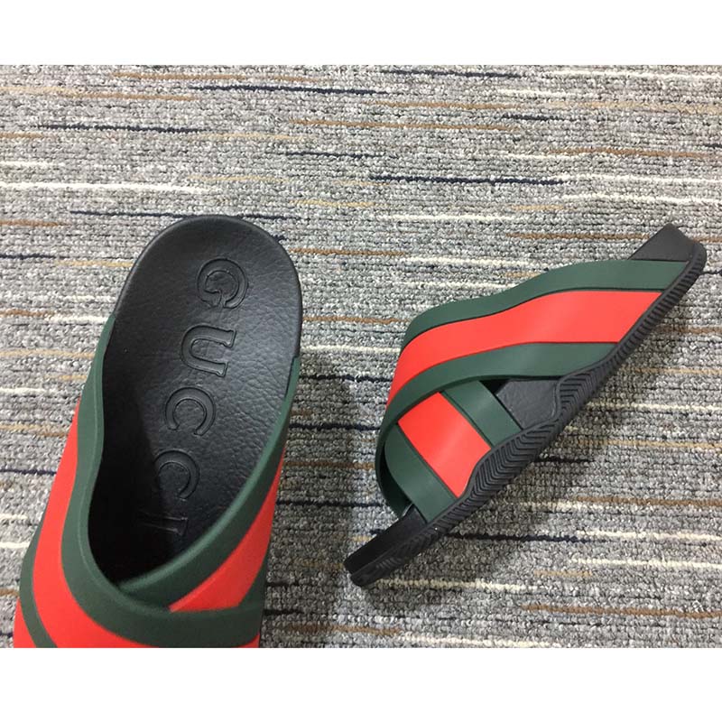 G*u*i unisex web slide sandal green red rubber web rubber sole low heel