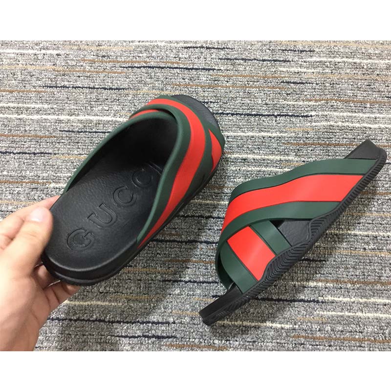 G*u*i unisex web slide sandal green red rubber web rubber sole low heel