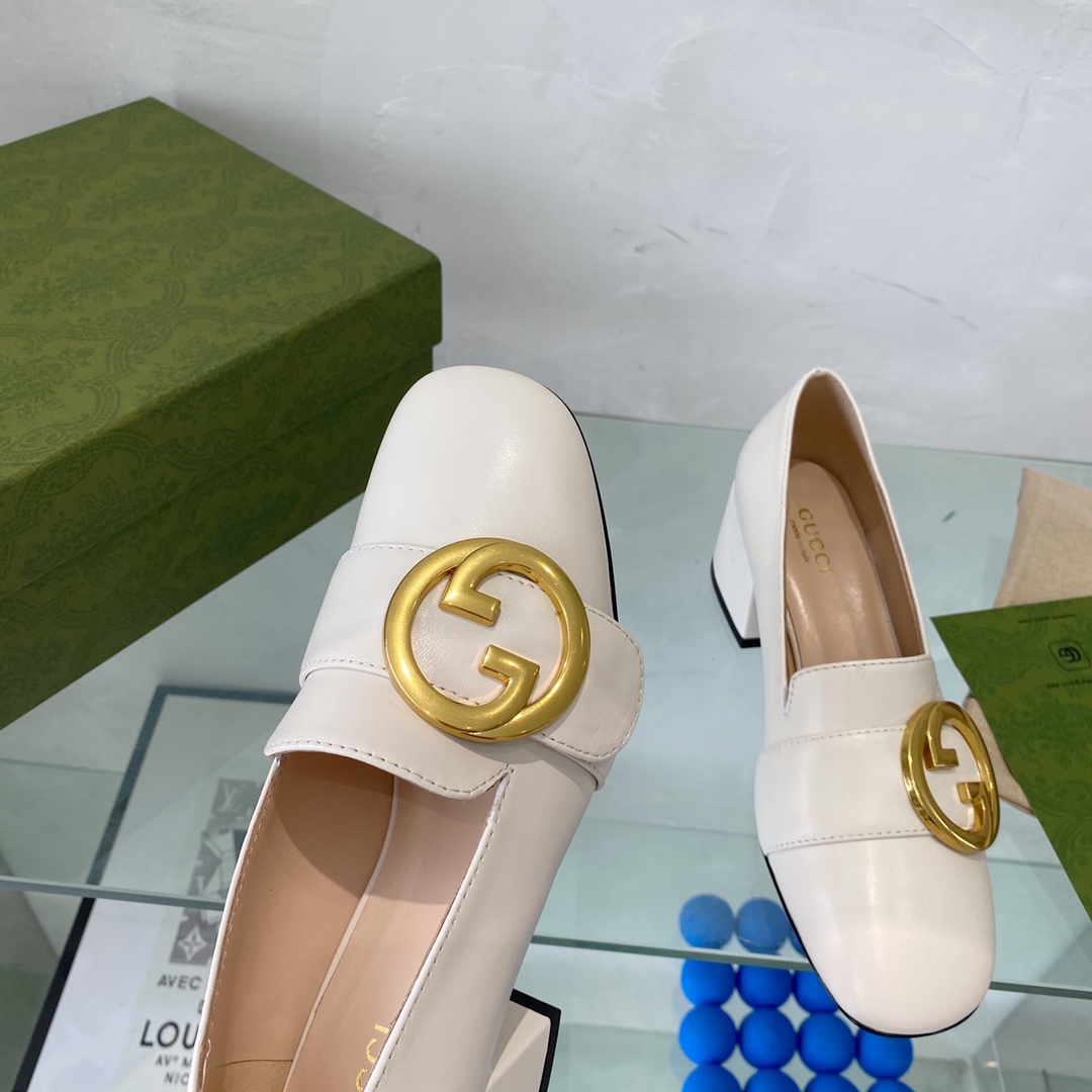 G*u*i women blonde mid-heel pump white leather round interlocking g