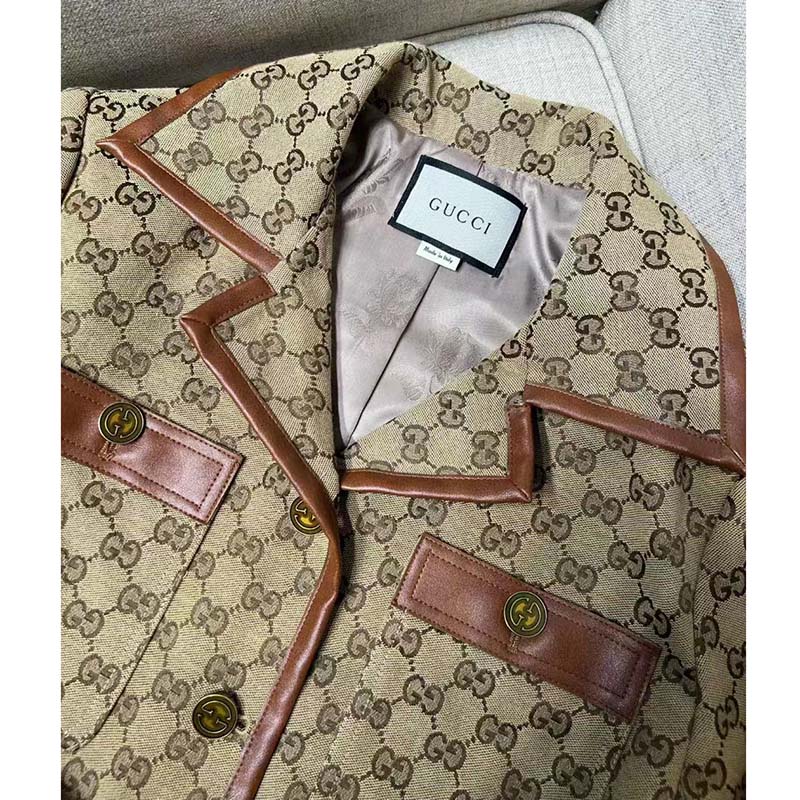 G*u*i women gg canvas jacket web belt cotton camel ebony point collar