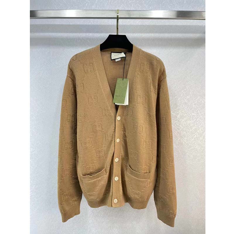 G*u*i men gg wool cardigan beige v-neck collar two front pockets