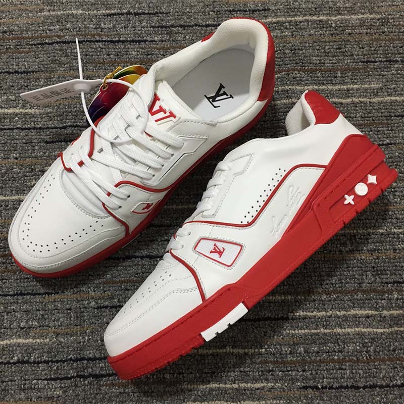 Louis Vuitton LV Unisex Trainer Sneaker Red White Calf Leather Rubber Monogram Flowers