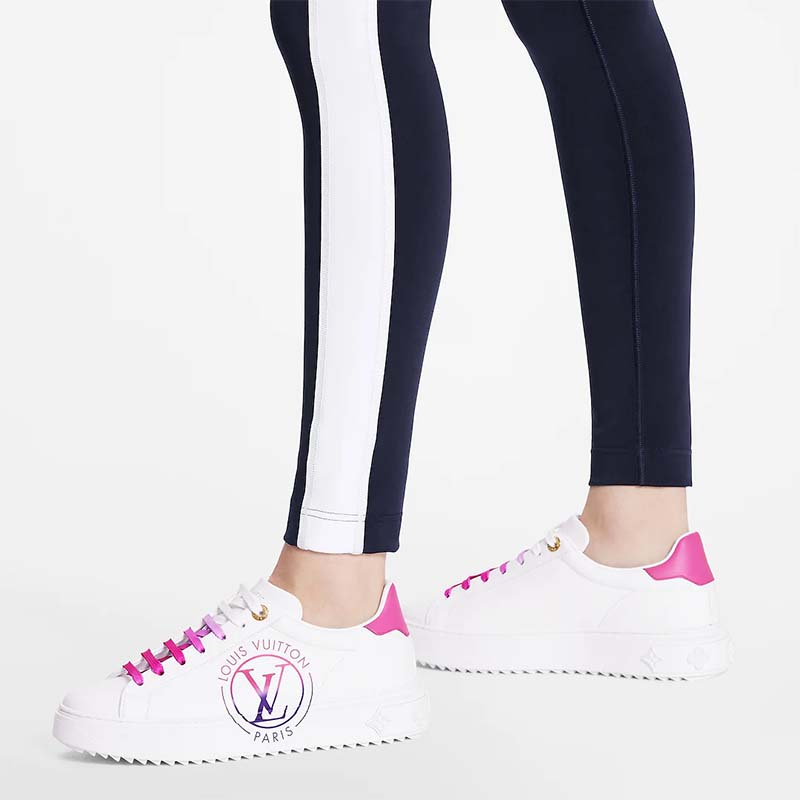 Louis Vuitton Unisex LV Time Out Sneaker Fuchsia Pink Printed Calf Leather Rubber Circle