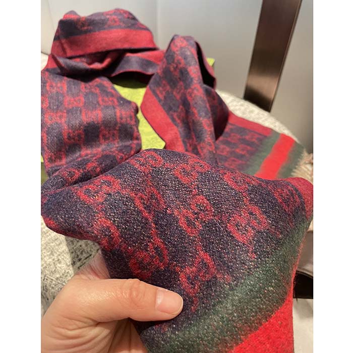 G*u*i unisex gg jacquard cotton stole red blue fringe