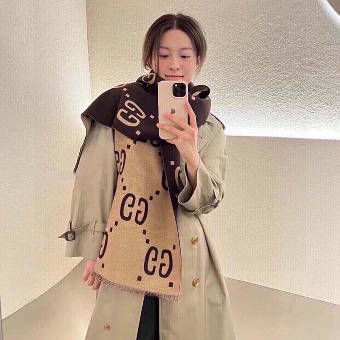G*u*i unisex gg jacquard wool silk scarf brown beige gg jacquard wool silk