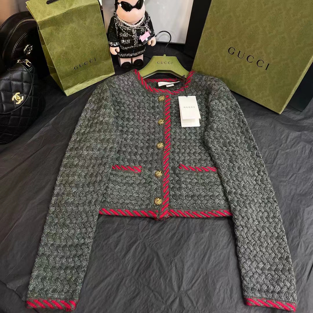 G*u*i women gg cable knit wool jacket dark green collarless wool cotton