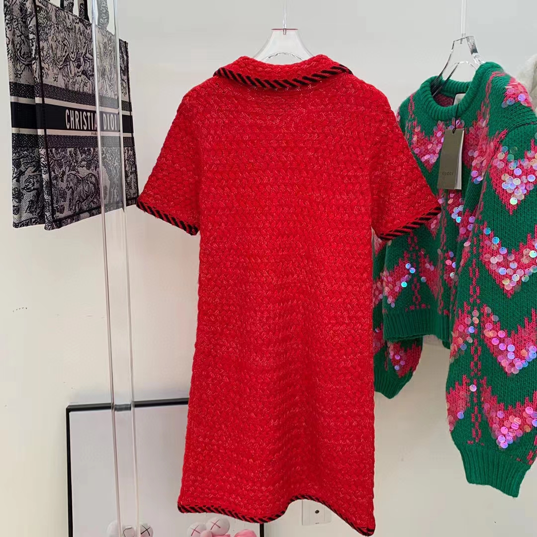G*u*i women gg cable stitch wool dress red polo collar short sleeves